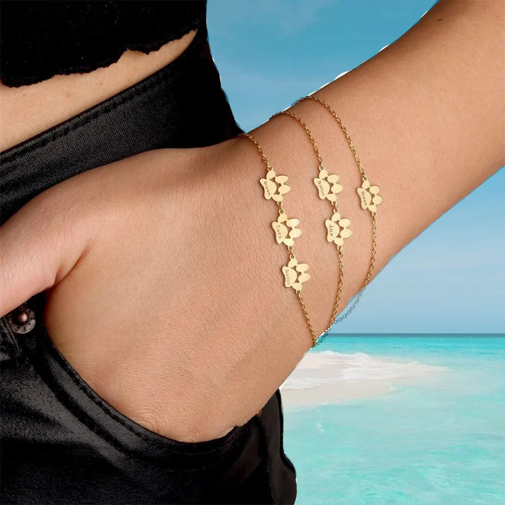 Custom Dog Cat Paw Print Name Bracelets For Women Girl Personalized Engraved Animal Nameplate Pulseras Dog Keepsake Jewelry
