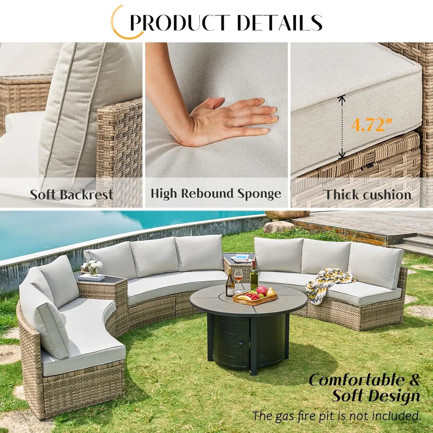 11-Piece Half-Moon Rattan Sectional Sofa Set Wedge Storage Table Waterproof Cushions Patio Garden Pool Balcony Beige Custom