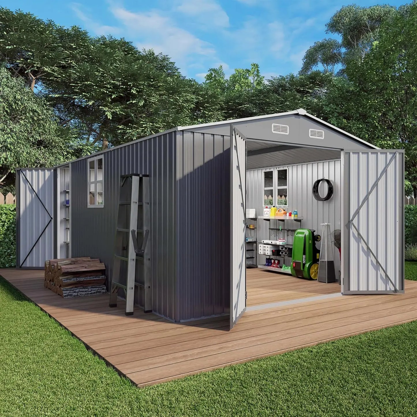10x14x6.7FT Outdoor Storage Shed, Galvanized Steel Garden Shed with Lockable Door & Window, Waterproof Metal Tool S