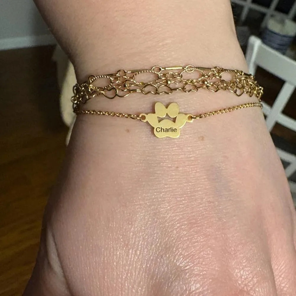Custom Dog Cat Paw Print Name Bracelets For Women Girl Personalized Engraved Animal Nameplate Pulseras Dog Keepsake Jewelry