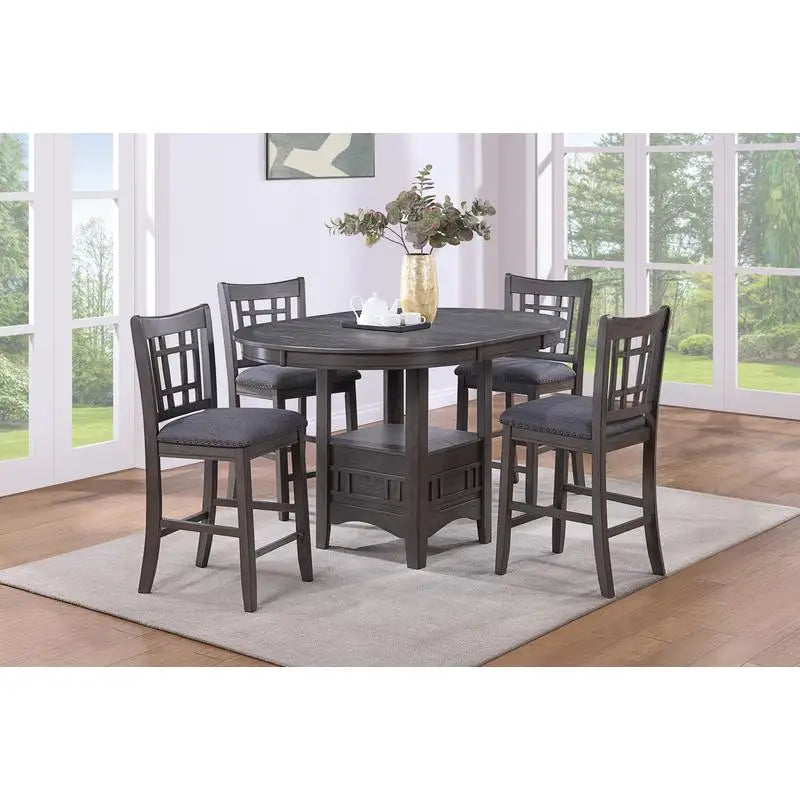 Contemporary 5pc Counter Height Dining Set, Round Table with Leaf & 4 Side Chairs, Gray Finish, Solid Wood