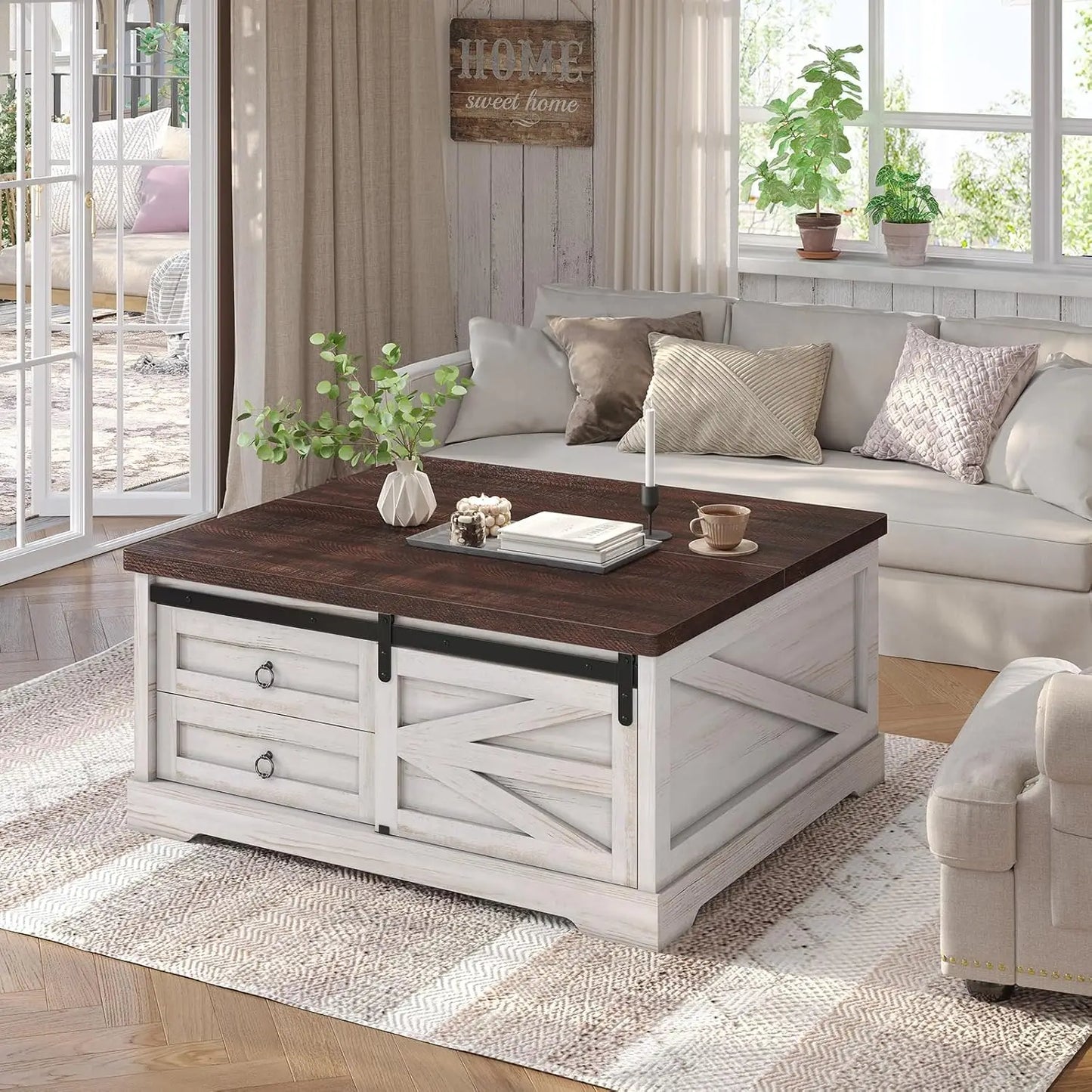 39.4'' Lift Top Coffee Table with Storage, Farmhouse Coffee Tables for Living Room, Square Coffee Table with Large, Customized