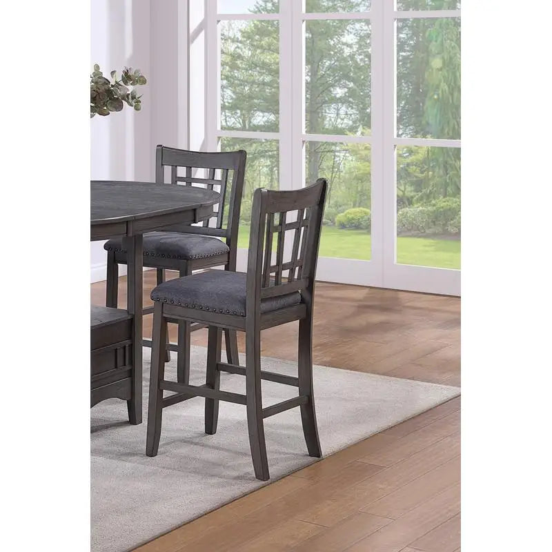 Contemporary 5pc Counter Height Dining Set, Round Table with Leaf & 4 Side Chairs, Gray Finish, Solid Wood