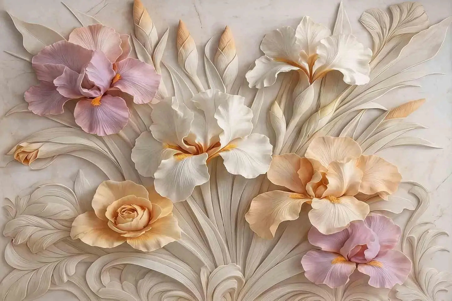 Elegant Large Floral Wall Mural Tapestry Wallpaper Botanical Lily Orchid Design Luxury Beige Room Decor Accent Piece