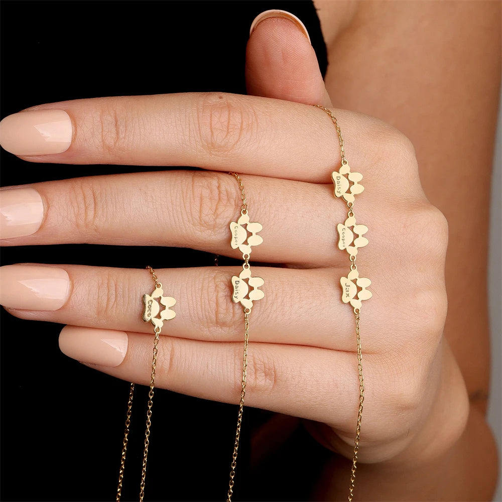 Custom Dog Cat Paw Print Name Bracelets For Women Girl Personalized Engraved Animal Nameplate Pulseras Dog Keepsake Jewelry
