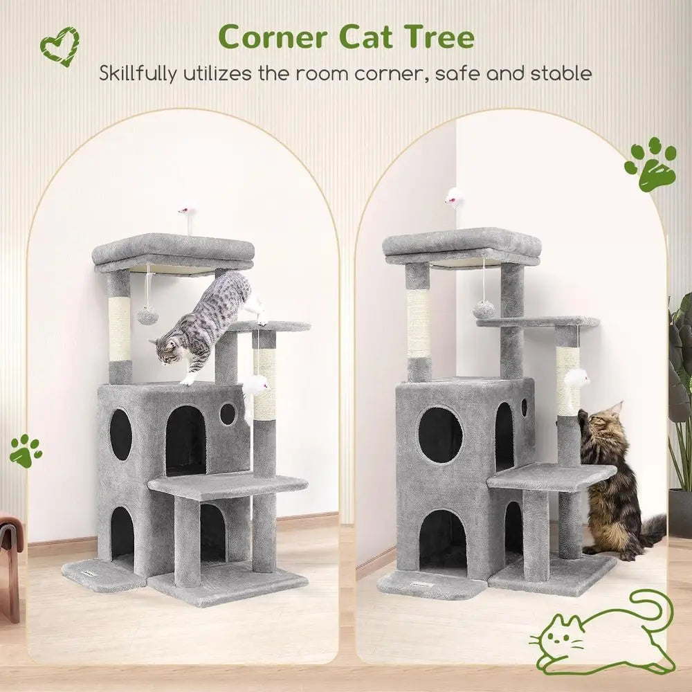 GloCat Tree Tower or Indoor Cats, 50-inch Adult Cat Tree House or Large Adult Cats with Steps, Scratching Post, 2 Cat Caves, Dan