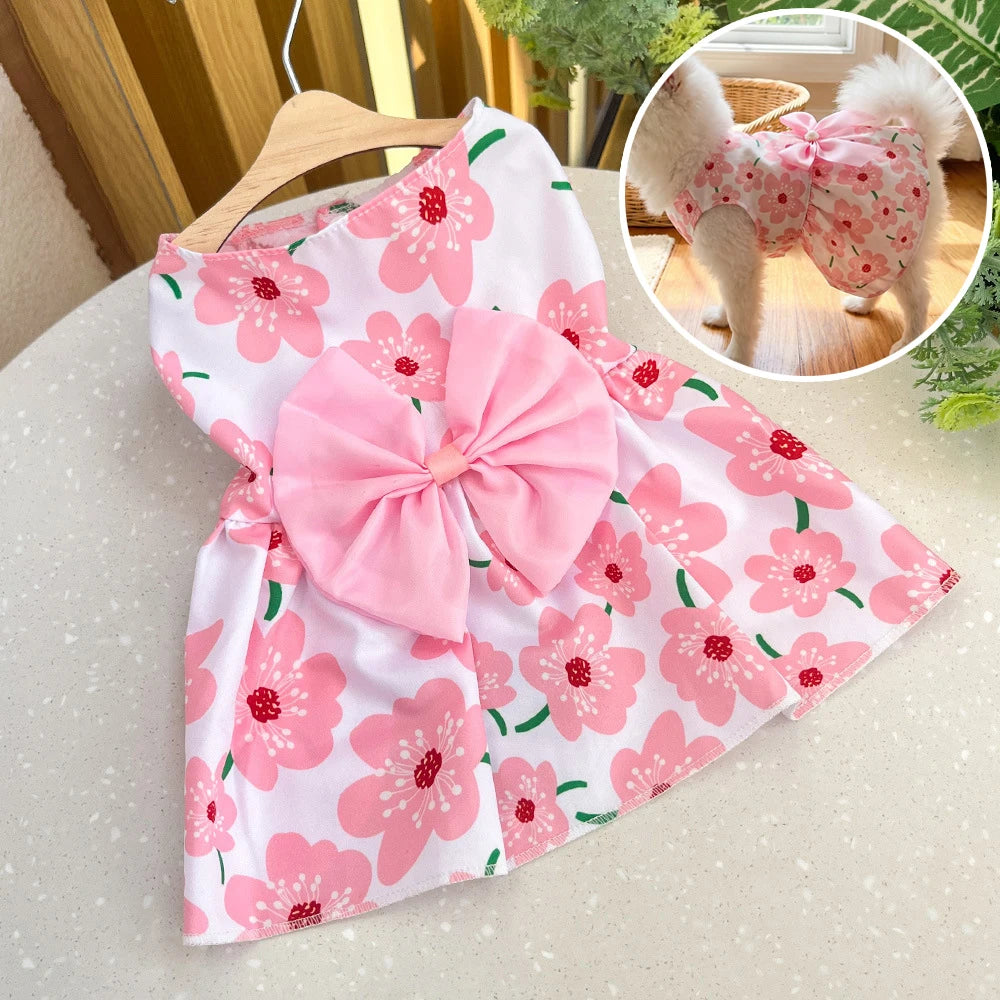 Puppy Princess Dress Summer Kitten Pet Skirt Cute Floral Printed Bow Dog Dresses For Small Medium Puppy Clothing Pet Supplies