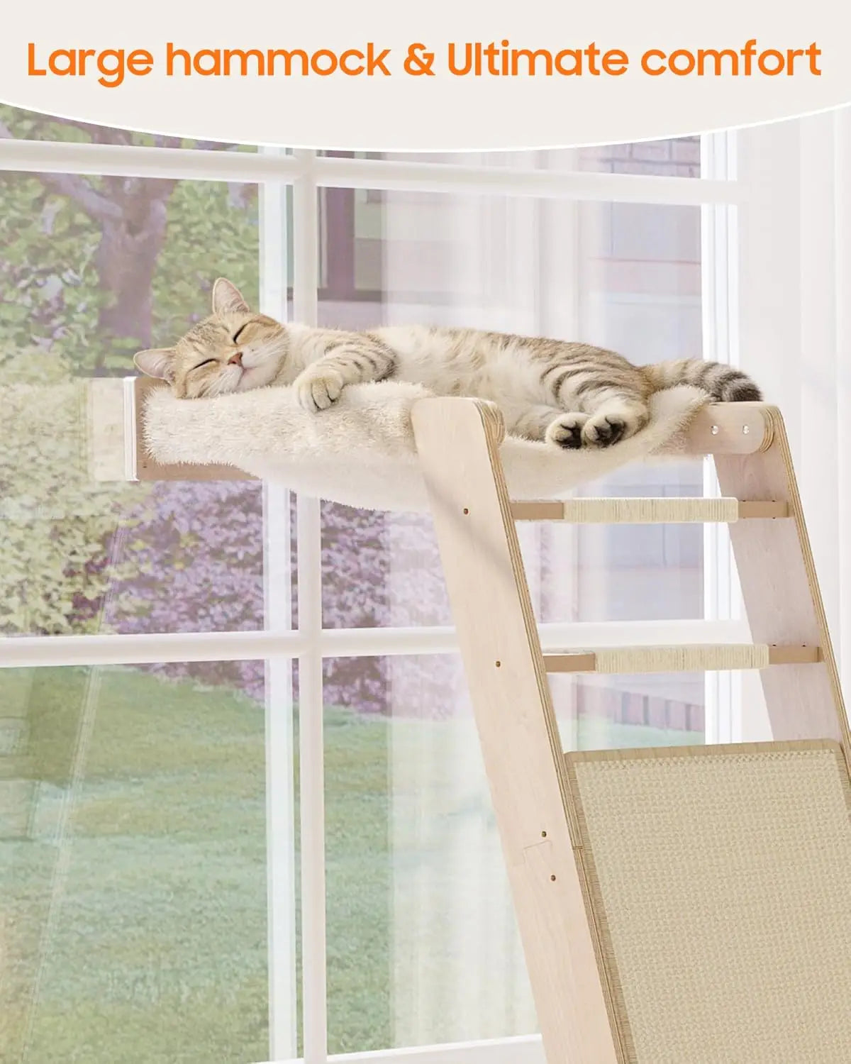51'' Cat Window Perch with Sisal Pad, Extra-Wide Cat Scratcher with Suction Cups for Glass, Sisal Ball Hammock Ladder fo