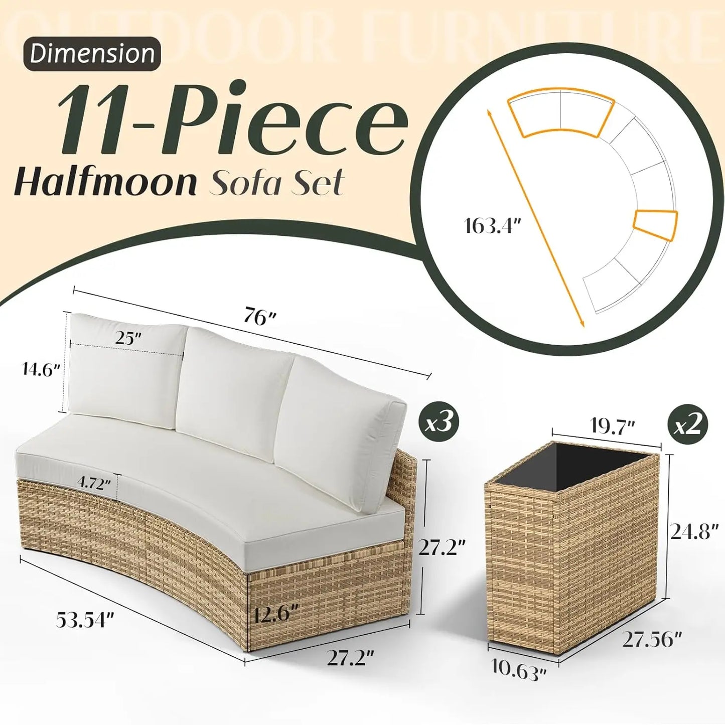 11-Piece Half-Moon Rattan Sectional Sofa Set Wedge Storage Table Waterproof Cushions Patio Garden Pool Balcony Beige Custom