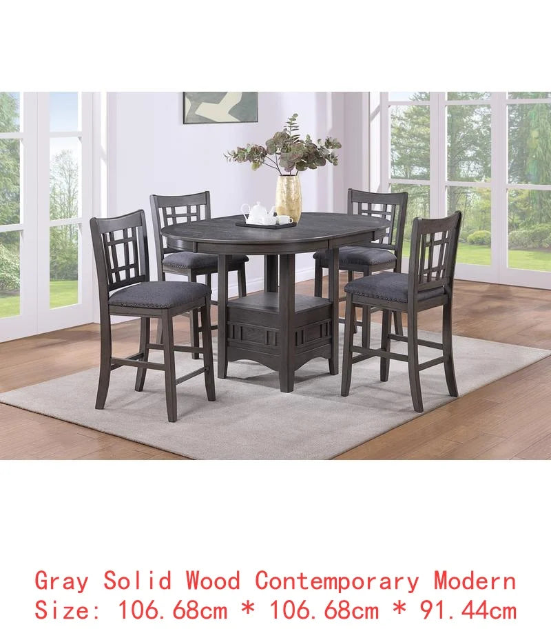 Contemporary 5pc Counter Height Dining Set, Round Table with Leaf & 4 Side Chairs, Gray Finish, Solid Wood