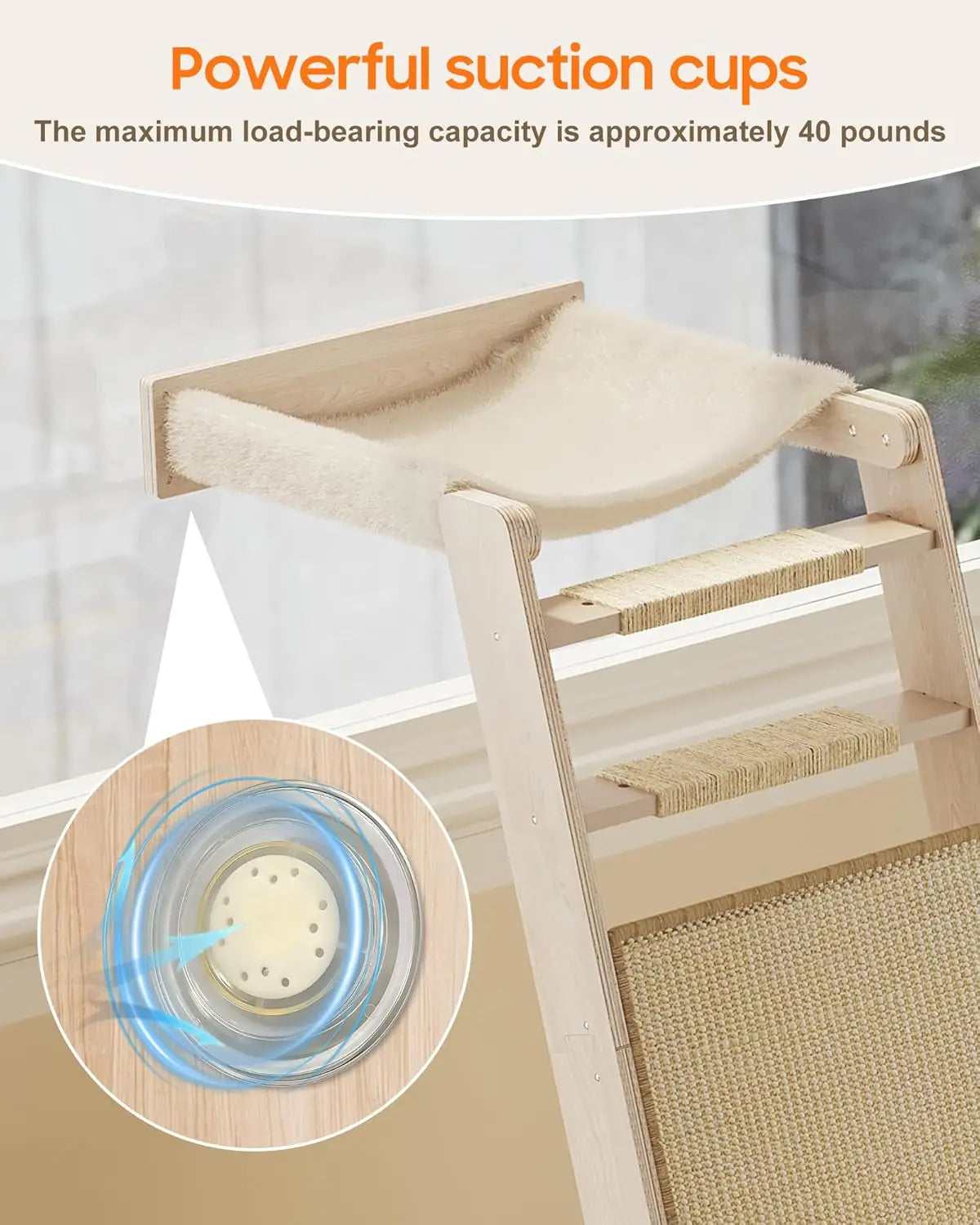 51'' Cat Window Perch with Sisal Pad, Extra-Wide Cat Scratcher with Suction Cups for Glass, Sisal Ball Hammock Ladder fo