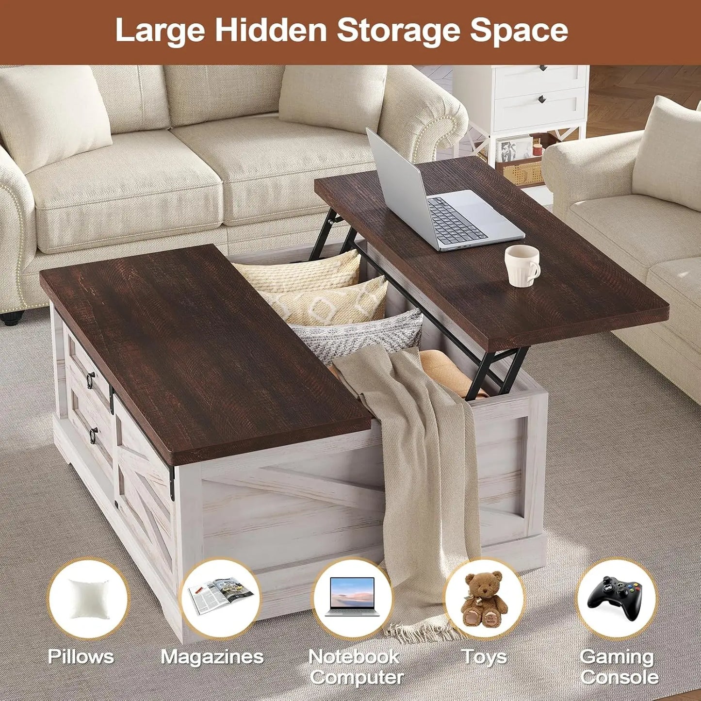 39.4'' Lift Top Coffee Table with Storage, Farmhouse Coffee Tables for Living Room, Square Coffee Table with Large, Customized