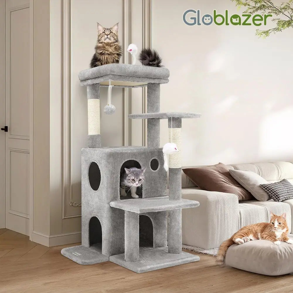 GloCat Tree Tower or Indoor Cats, 50-inch Adult Cat Tree House or Large Adult Cats with Steps, Scratching Post, 2 Cat Caves, Dan