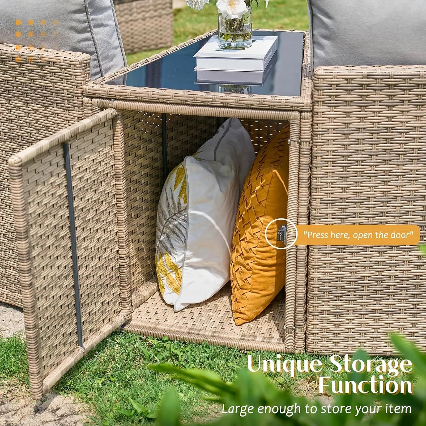 11-Piece Half-Moon Rattan Sectional Sofa Set Wedge Storage Table Waterproof Cushions Patio Garden Pool Balcony Beige Custom