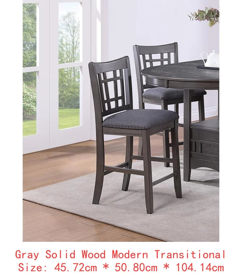 Contemporary 5pc Counter Height Dining Set, Round Table with Leaf & 4 Side Chairs, Gray Finish, Solid Wood