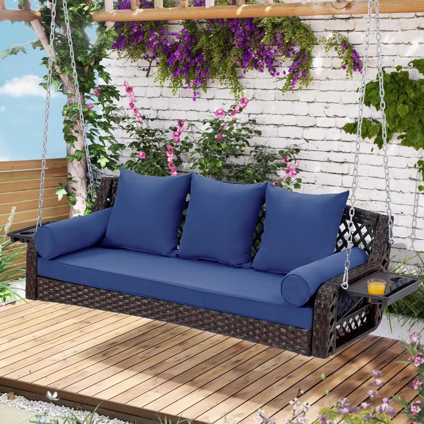3 Seat Porch Swing, Wicker Patio Swing with Cup Holders & 3 Back Cushions, Yard Swing with Chains for Deck Garden, Customized