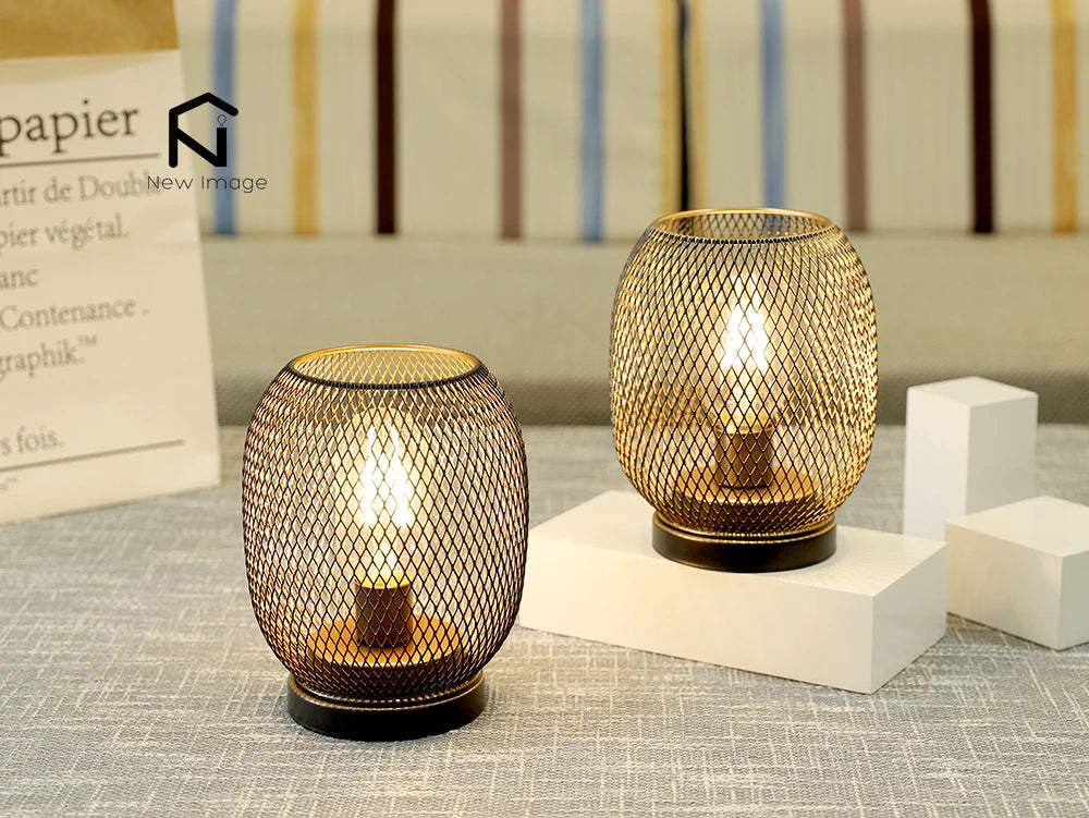 2Pcs Metal Cage Table Lamp Round Shaped LED Lantern Battery Powered Cordless Lamp for Weddings Party  Home Decor Candle Holder