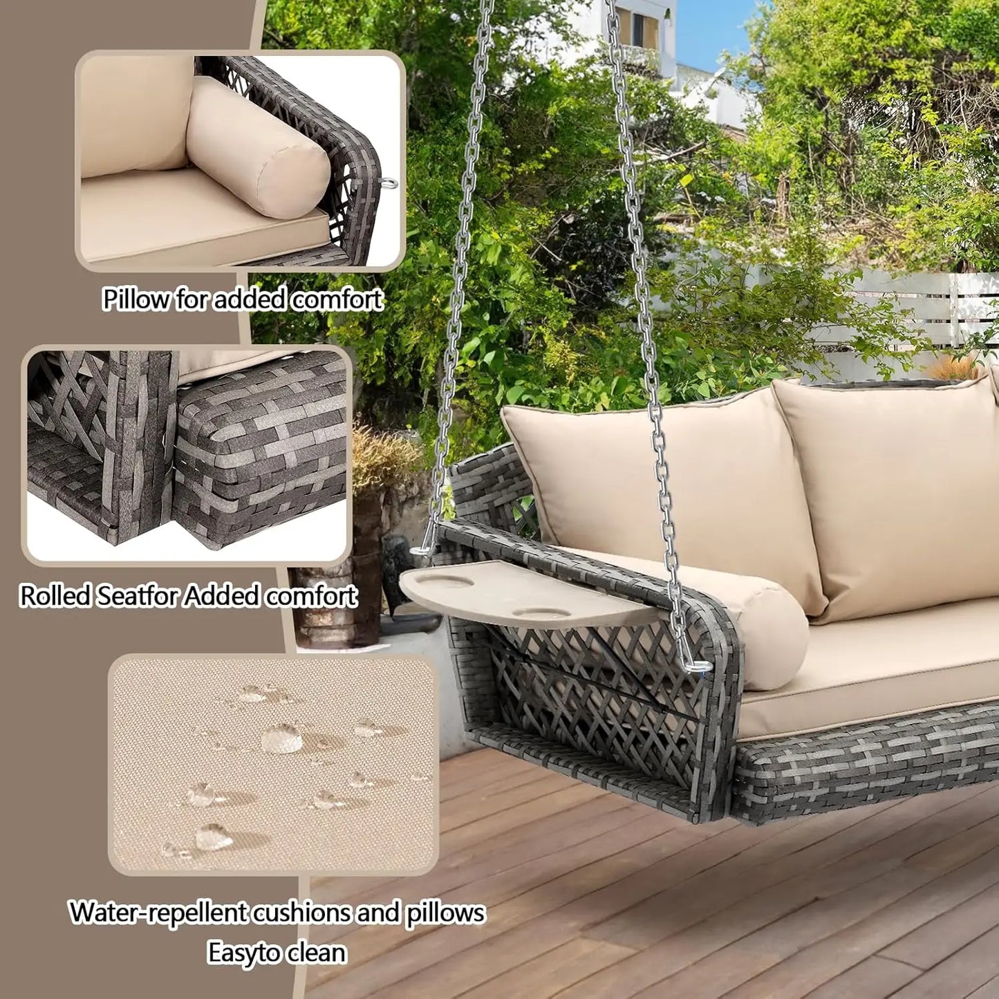 3-Seats Wicker Hanging Porch Swing, Outdoor Patio Swing Chair with 3 Cushions & 2 Armrest Cushions, Rattan Bench, Customized