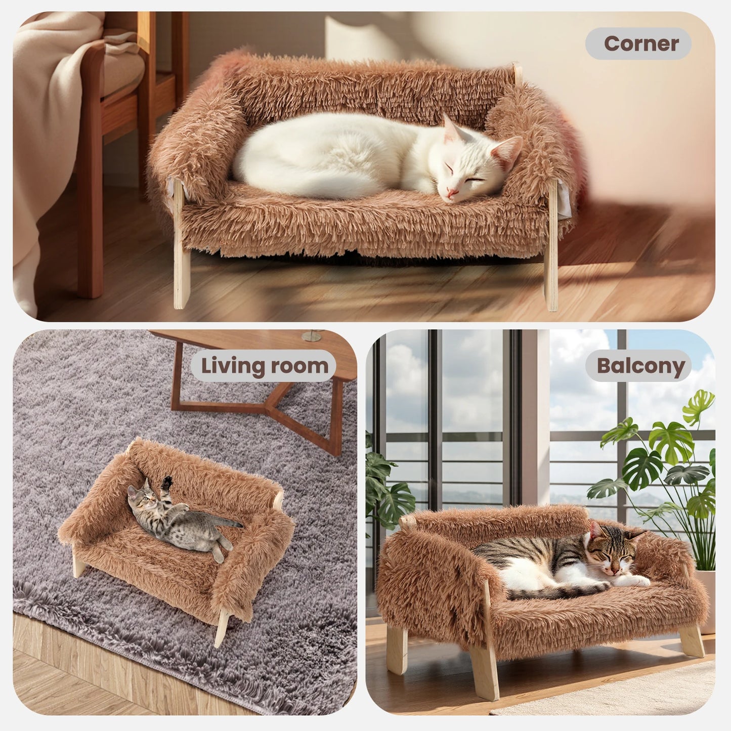 Large Cat Bed Soft Plush Sofa with Sturdy Wooden Legs Raised Design Indoor Kitten Bed Comfortable Soft Couch for Cats