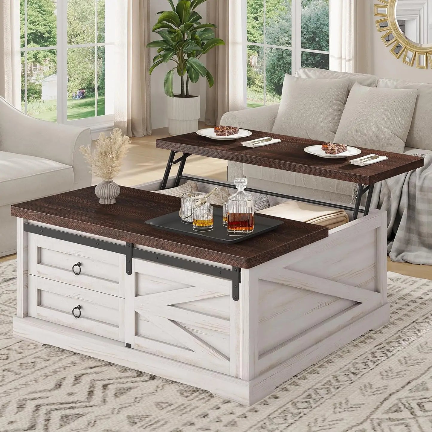 39.4'' Lift Top Coffee Table with Storage, Farmhouse Coffee Tables for Living Room, Square Coffee Table with Large, Customized