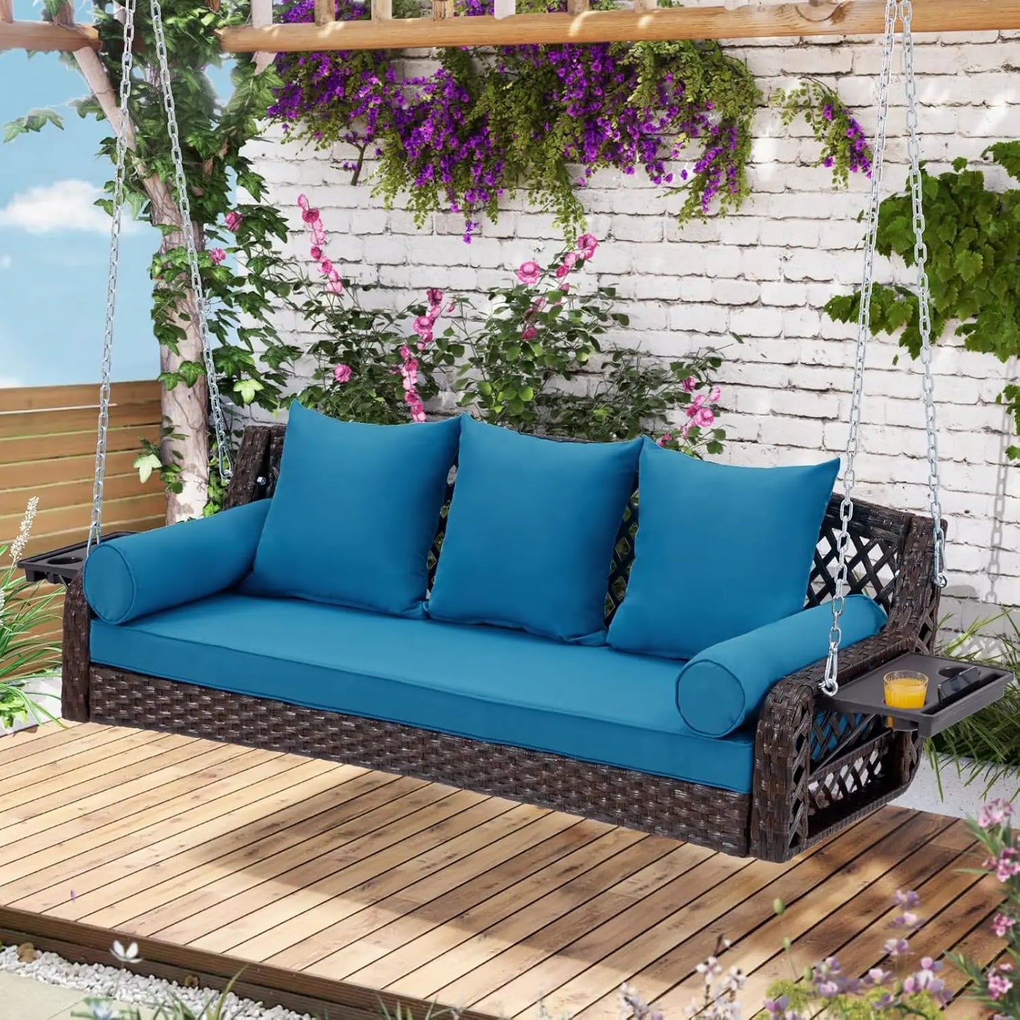 3 Seat Porch Swing, Wicker Patio Swing with Cup Holders & 3 Back Cushions, Yard Swing with Chains for Deck Garden, Customized