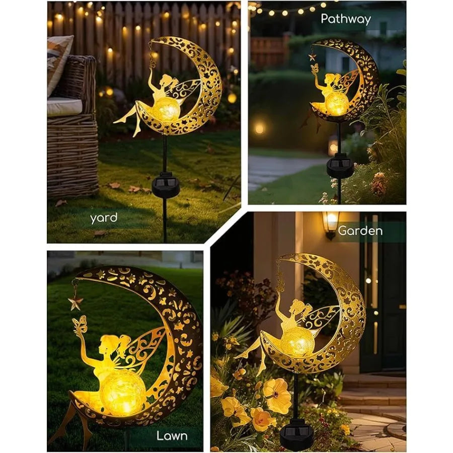 Solar Garden Statues Outdoor Decor Fairy Moon Figurine Light Stake in Silver with LED Lighting for Garden Pathway and Yard Deco