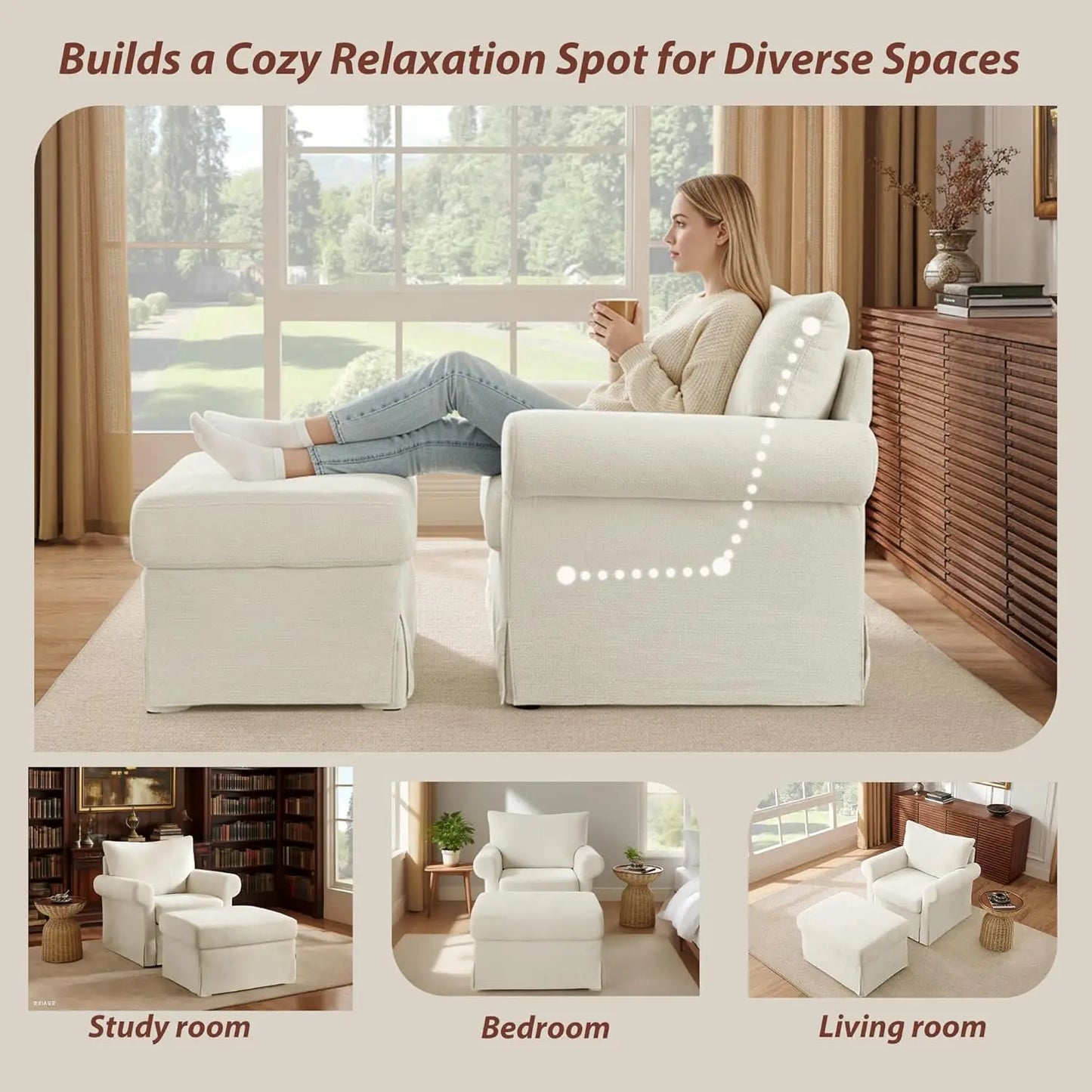 Modern Accent Chairs with Ottoman Set, Comfy Chenille Reading Armchair with Rolled Arms and Cushion Backrest, 35.8", Customized