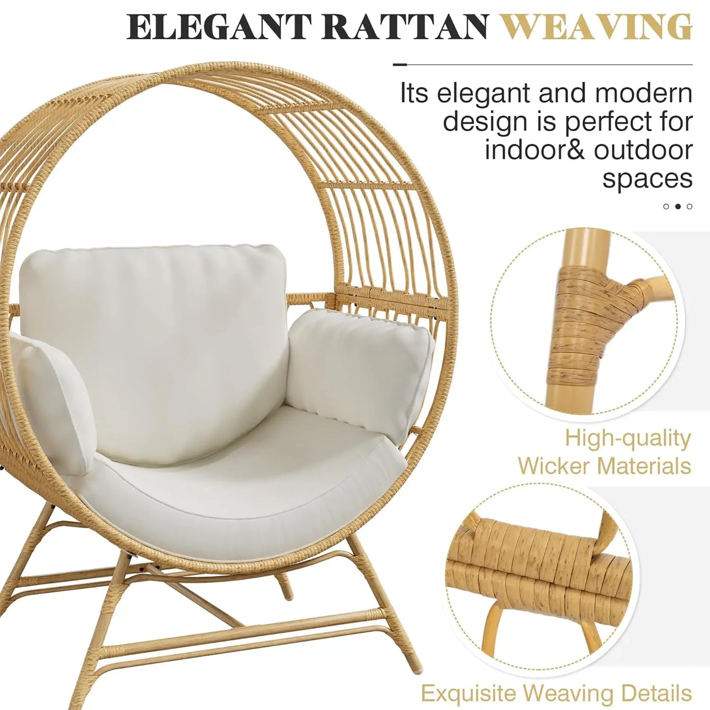 Oversized Egg Chair Indoor/Outdoor Rattan Hanging Basket Chair with Thickened Cushion Supports 350LBS – Wicker, Customized