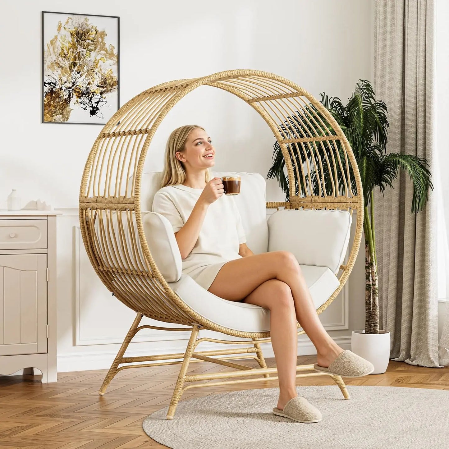 Oversized Egg Chair Indoor/Outdoor Rattan Hanging Basket Chair with Thickened Cushion Supports 350LBS – Wicker, Customized
