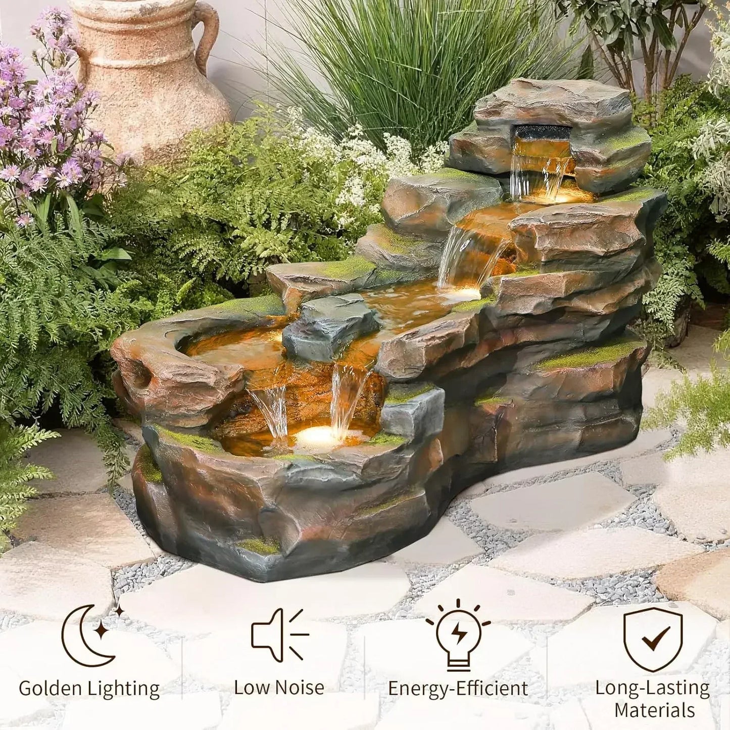 hot-sale productsBestsellerWater Fountain Outdoor Floor Standing 5-Tiers Rock Natural Waterfall Outdoor Garden Fountains with LE