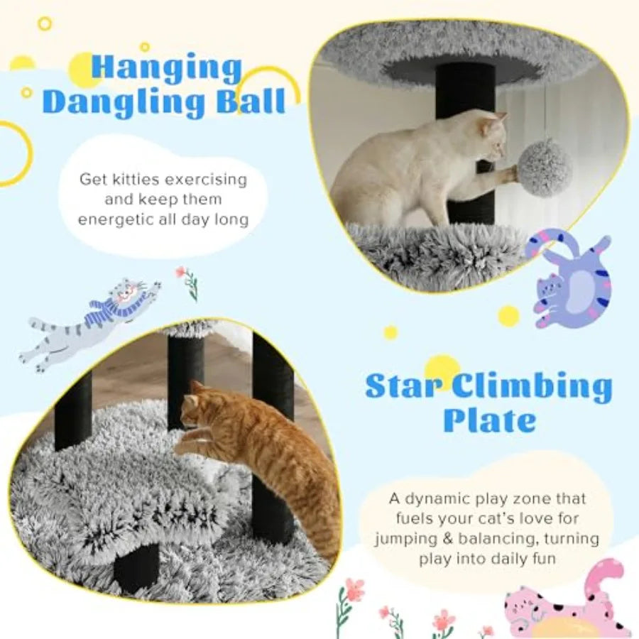 61.5in Cat Tree Tower Multi-Level Activity Center with Cozy Perch Star-Shaped Platform Moon Jumping Board Sisal Scratching Post