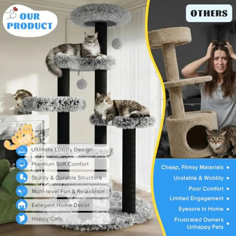 61.5in Cat Tree Tower Multi-Level Activity Center with Cozy Perch Star-Shaped Platform Moon Jumping Board Sisal Scratching Post