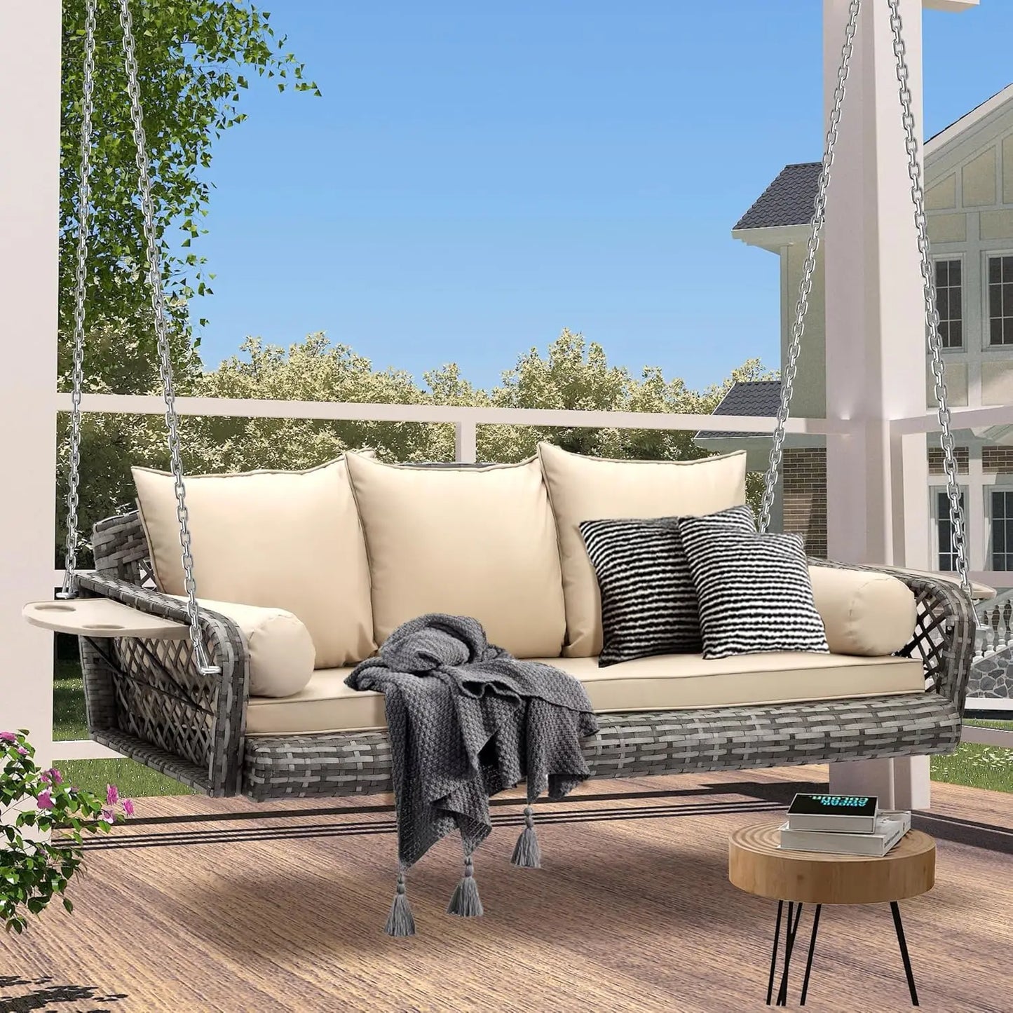 3-Seats Wicker Hanging Porch Swing, Outdoor Patio Swing Chair with 3 Cushions & 2 Armrest Cushions, Rattan Bench, Customized