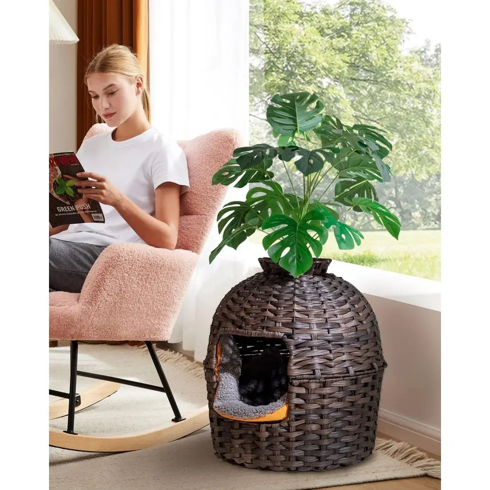 Cat Litter Box Plant urniture Enclosure, Hidden Handwoven Rattan with Cat Litter Box and Artiicial Plants, Odor Control ilter, R