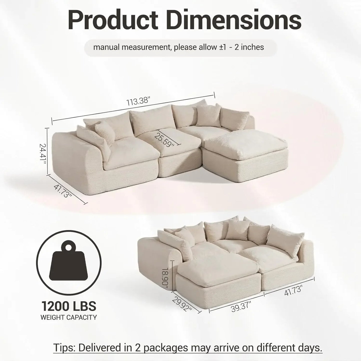 Cloud Boneless 113'' Sofa Couch Deep Seat Modular Sectional with Ottoman Customized Living Room Furniture
