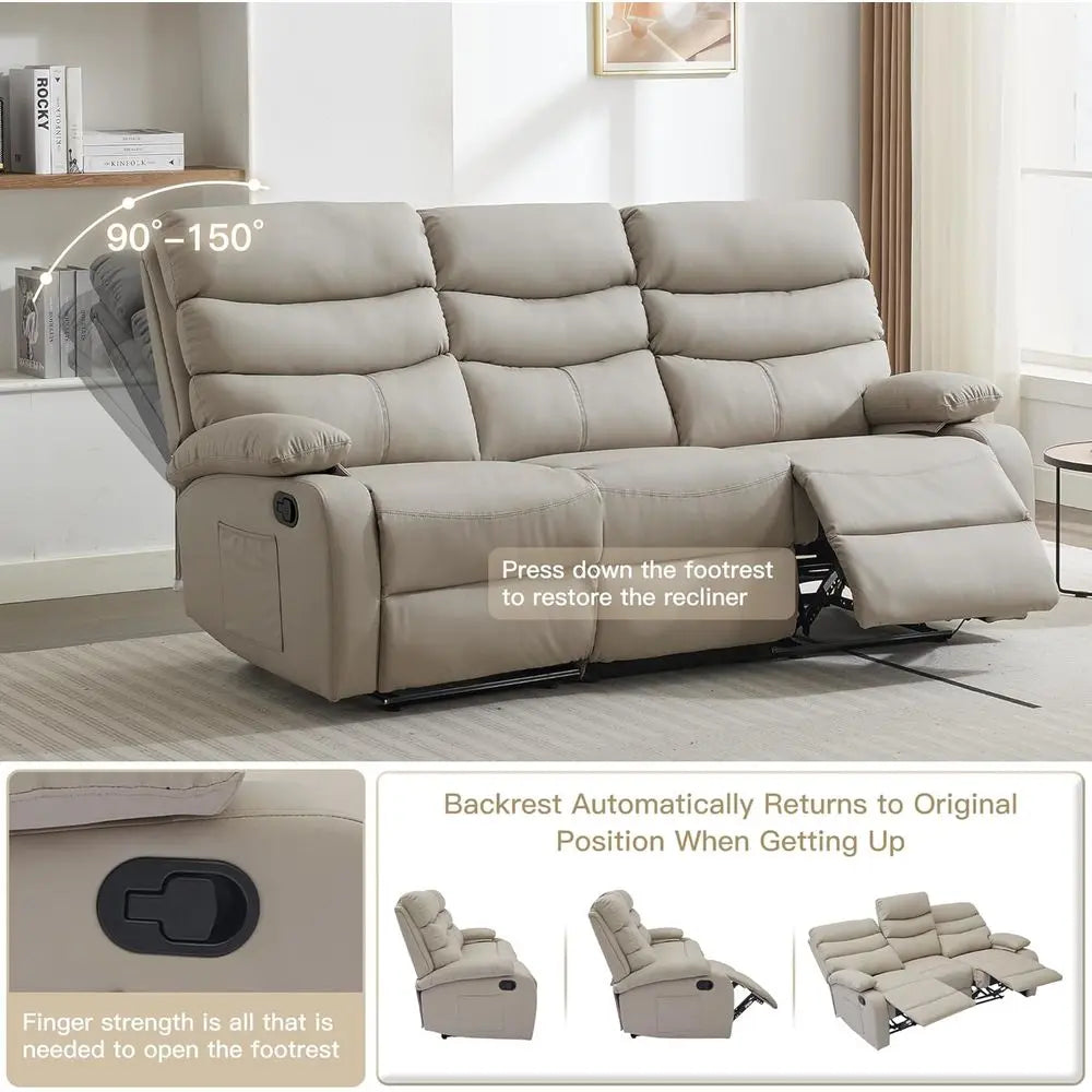 3-Seater Beige Manual Recliner Sofa Set for Living Room, Home Theater, or RV