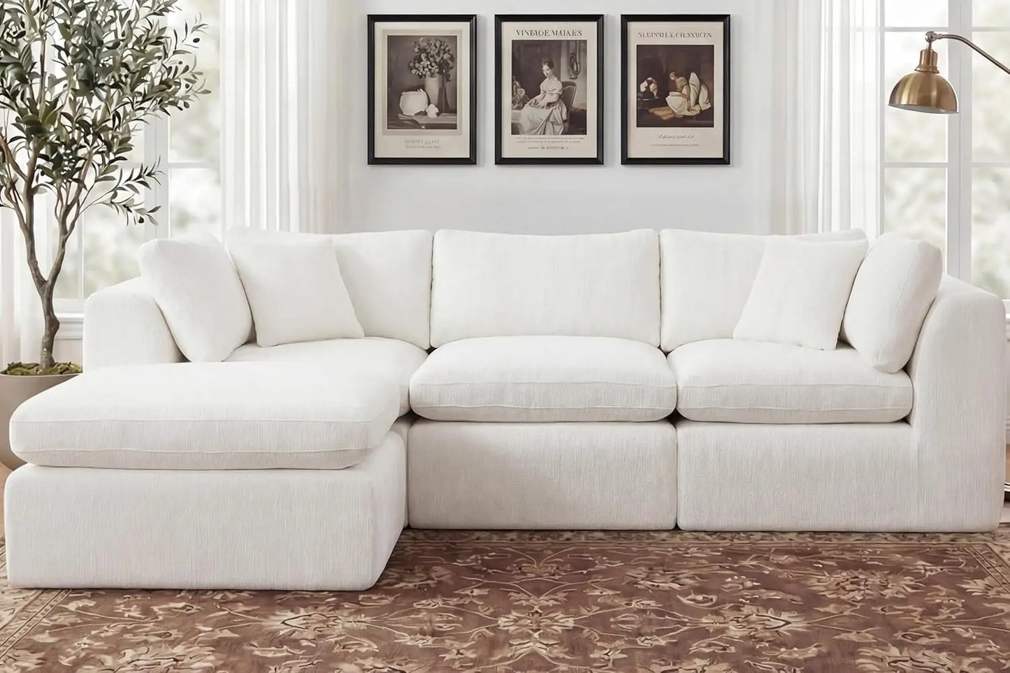 110'' Oversized L Shape Sectional Sofa Ottoman Pillows Chenille Deep Seat Memory Foam 4 Seater Washable Covers Beige Custom