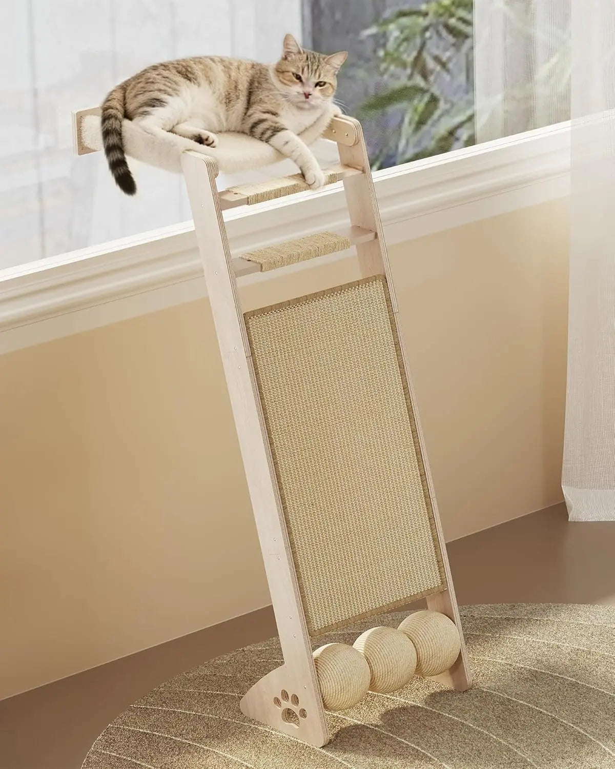 51'' Cat Window Perch with Sisal Pad, Extra-Wide Cat Scratcher with Suction Cups for Glass, Sisal Ball Hammock Ladder fo