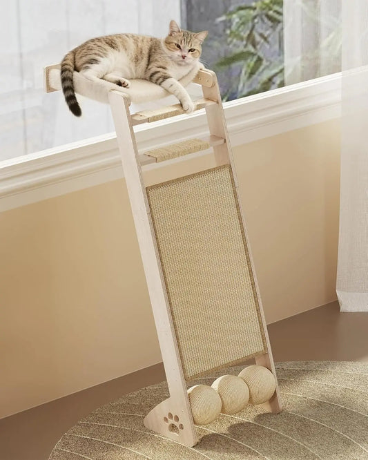 51'' Cat Window Perch with Sisal Pad, Extra-Wide Cat Scratcher with Suction Cups for Glass, Sisal Ball Hammock Ladder fo