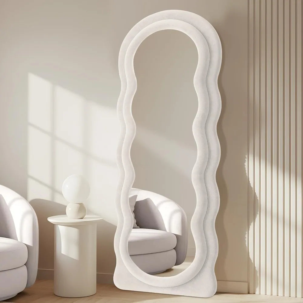 Full Length Mirror 63x24 Arched Wavy Full Body Wall Mounted Floor Mirror with Stand Ivory Flannel Frame Leaning Hanging