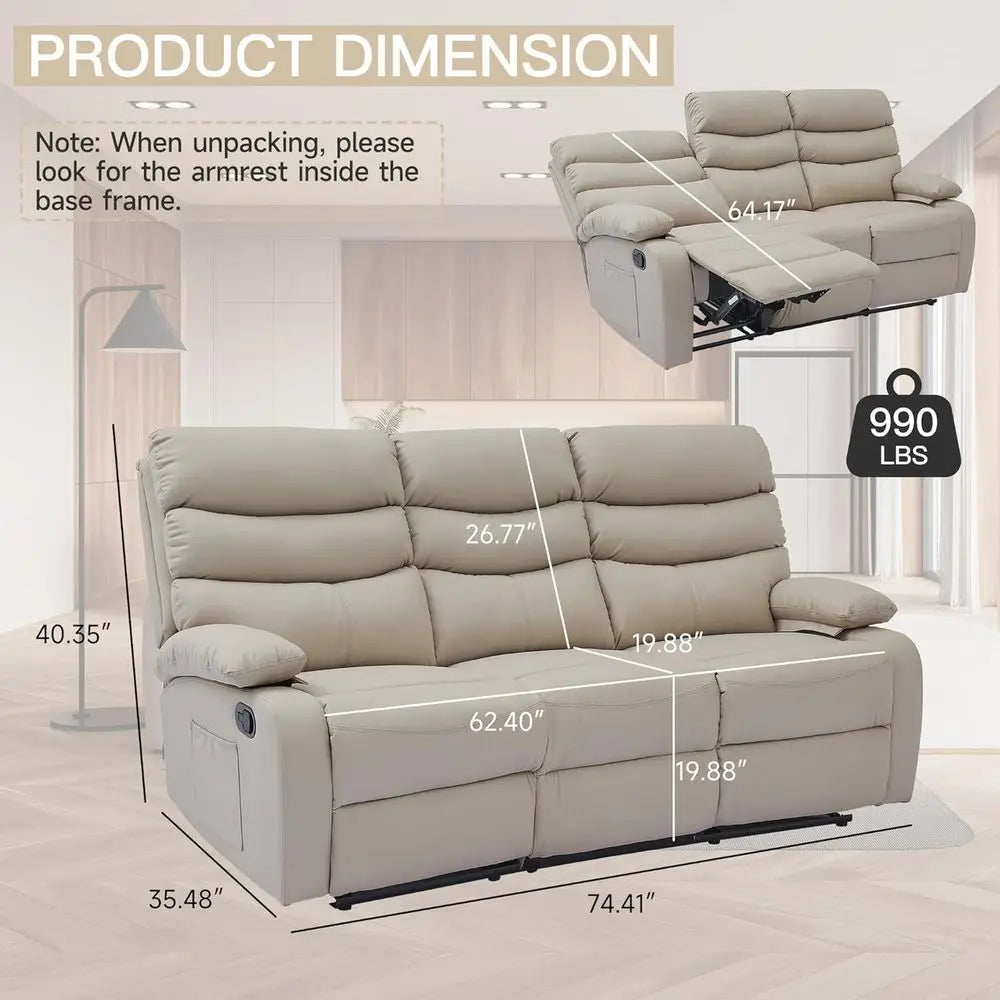 3-Seater Beige Manual Recliner Sofa Set for Living Room, Home Theater, or RV