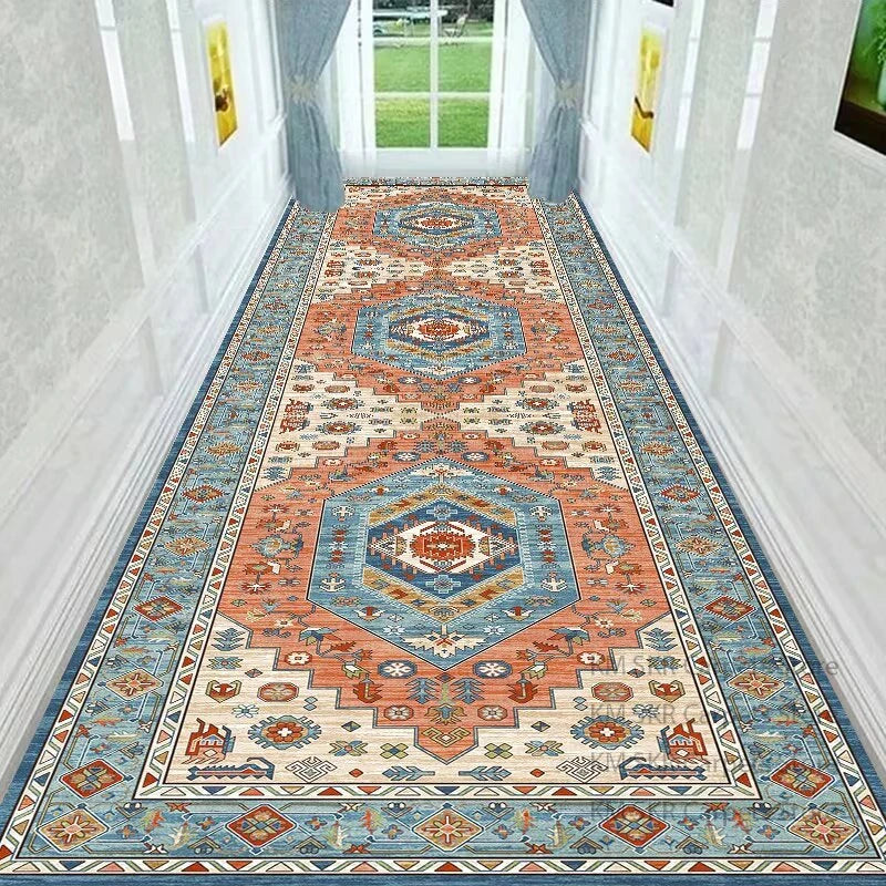 Retro Persian Style Long Runner Corridor Carpet Light Luxury Bohemia Decoration Hall Aisle Rug Non-slip Lobby Stairway Floor Mat
