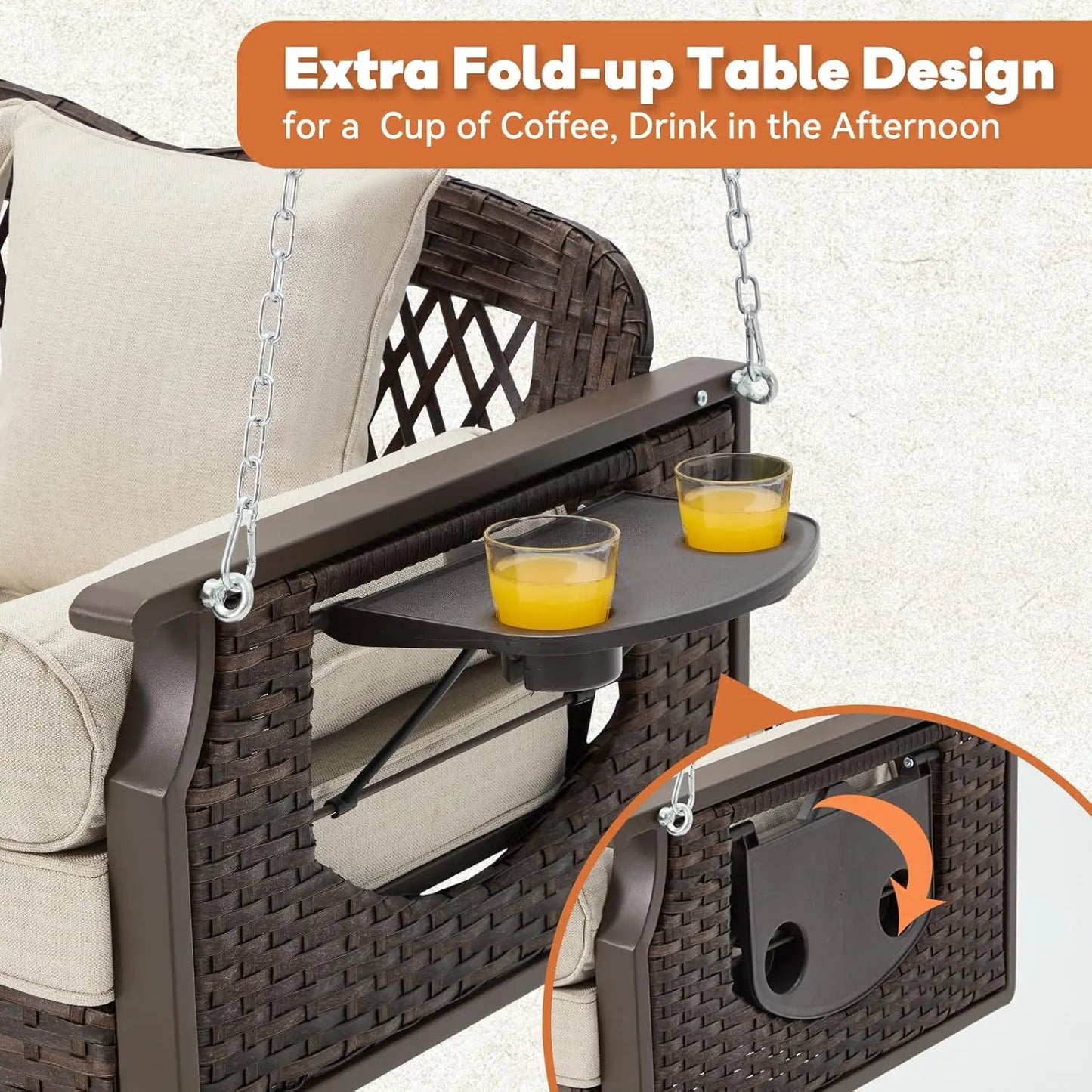 3 Seat Porch Swing, Wicker Patio Swing with Cup Holders & 3 Back Cushions, Yard Swing with Chains for Deck Garden, Customized
