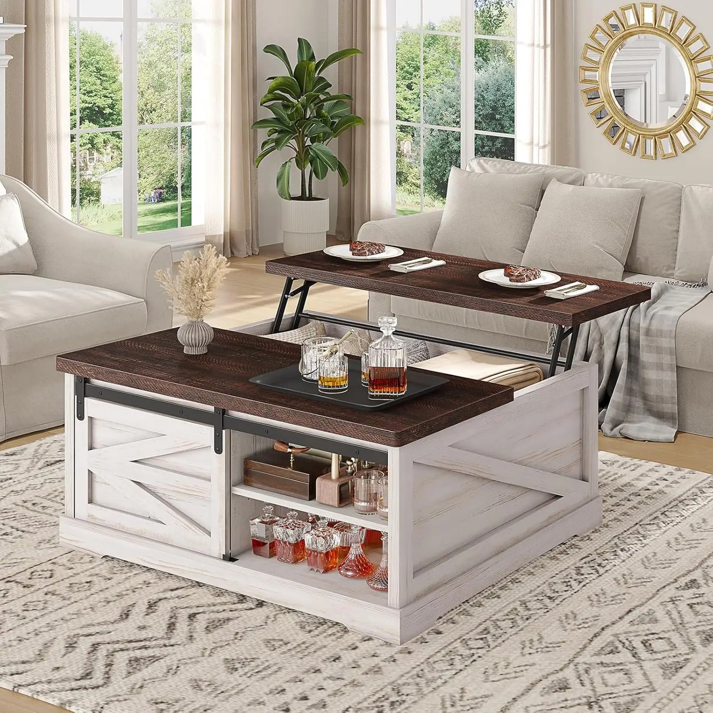 39.4'' Lift Top Coffee Table with Storage, Farmhouse Coffee Tables for Living Room, Square Coffee Table with Large, Customized