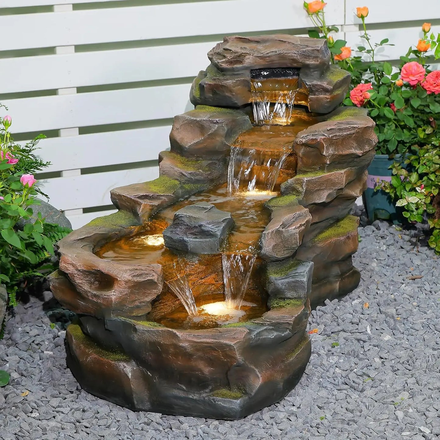 hot-sale productsBestsellerWater Fountain Outdoor Floor Standing 5-Tiers Rock Natural Waterfall Outdoor Garden Fountains with LE