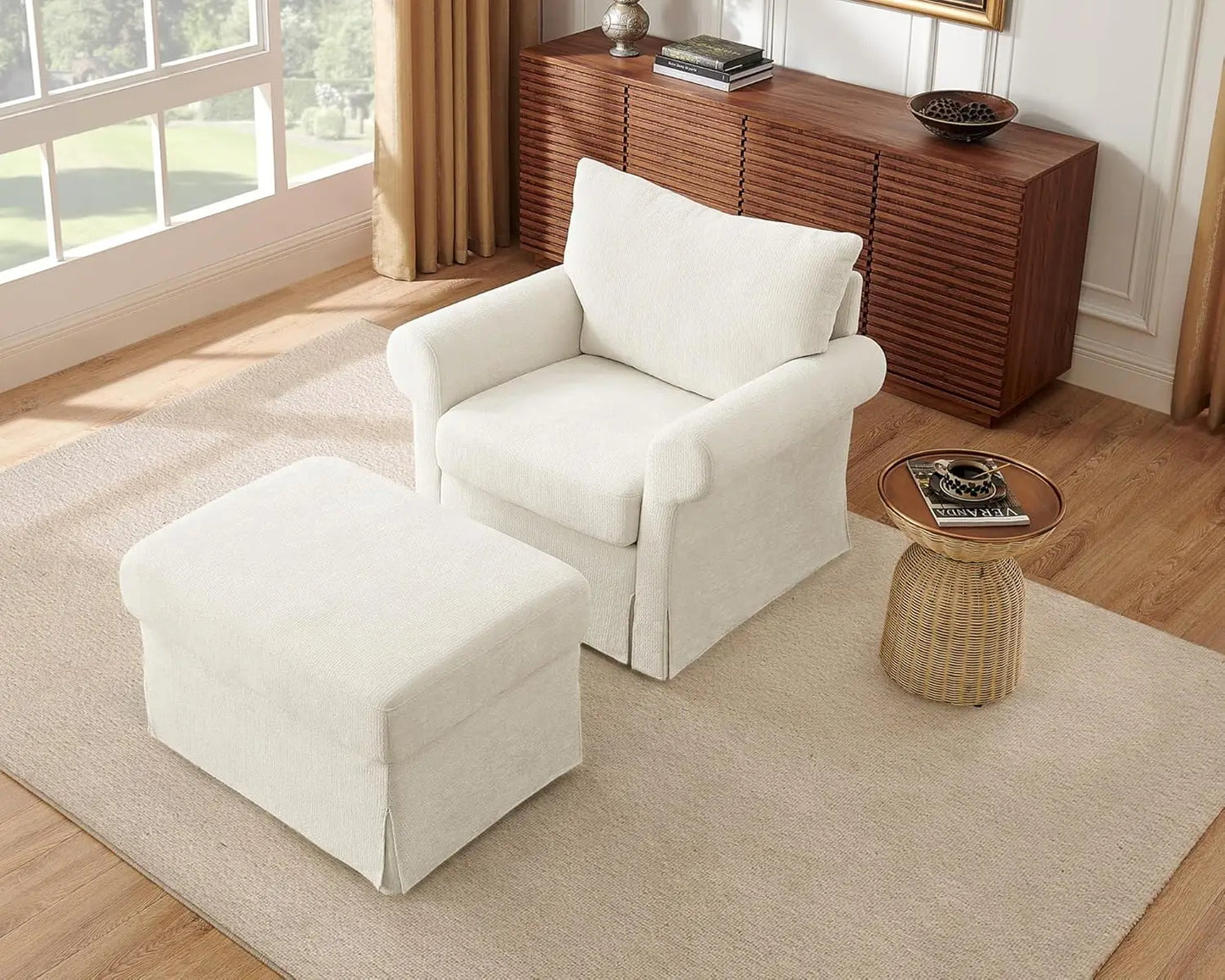 Modern Accent Chairs with Ottoman Set, Comfy Chenille Reading Armchair with Rolled Arms and Cushion Backrest, 35.8", Customized