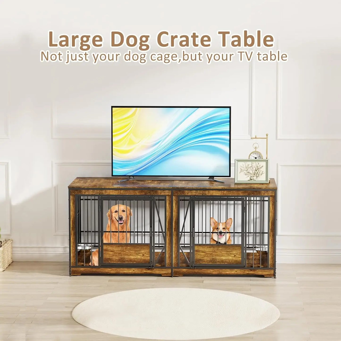 61'' Double Dog Cage Furniture for 2 Dogs, TV Stand Dog Kennel with Adjustable Divider, Heavy Duty Double Dog Crate, Customized