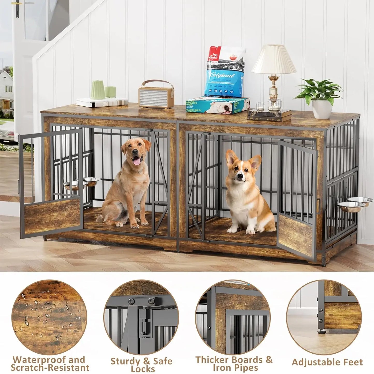61'' Double Dog Cage Furniture for 2 Dogs, TV Stand Dog Kennel with Adjustable Divider, Heavy Duty Double Dog Crate, Customized