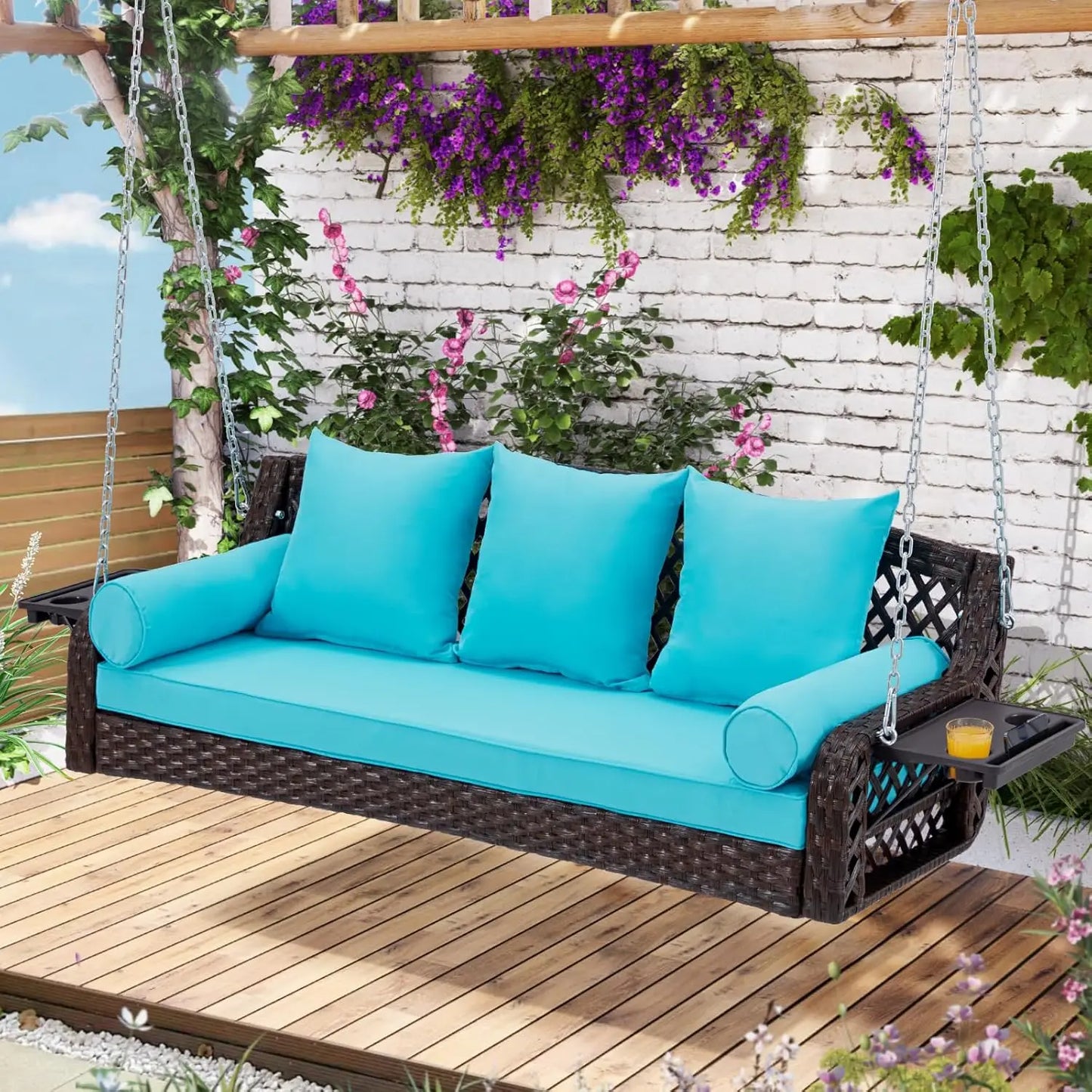3 Seat Porch Swing, Wicker Patio Swing with Cup Holders & 3 Back Cushions, Yard Swing with Chains for Deck Garden, Customized