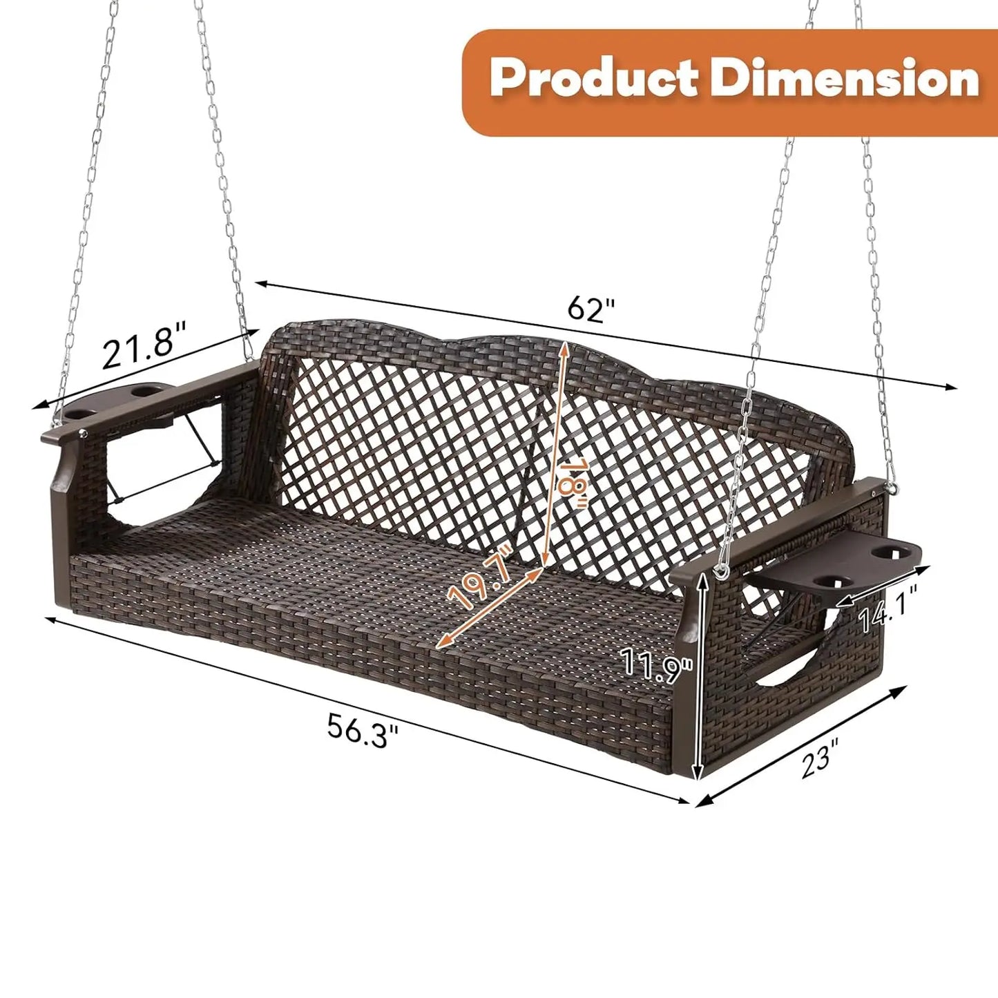 3 Seat Porch Swing, Wicker Patio Swing with Cup Holders & 3 Back Cushions, Yard Swing with Chains for Deck Garden, Customized
